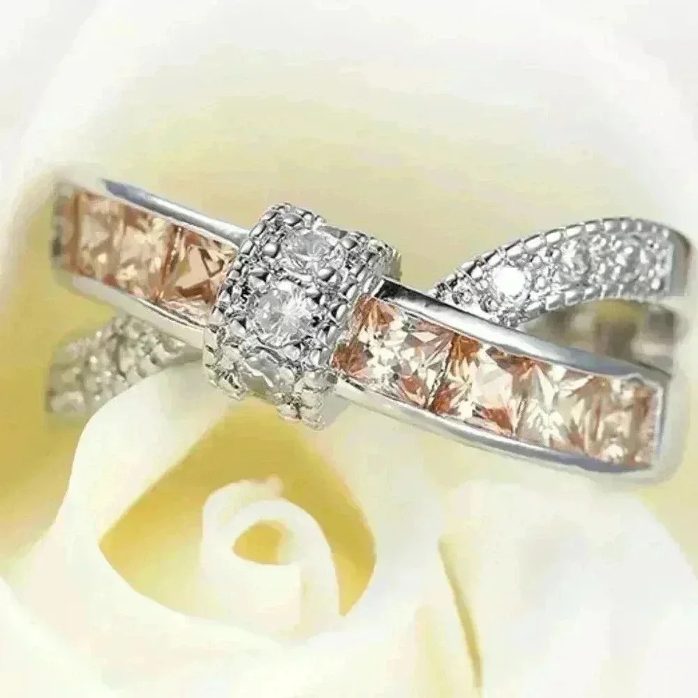 🎀925 Silver Plated Champagne CZ Punk Party Cocktail Ring for Women, GPMB1402
